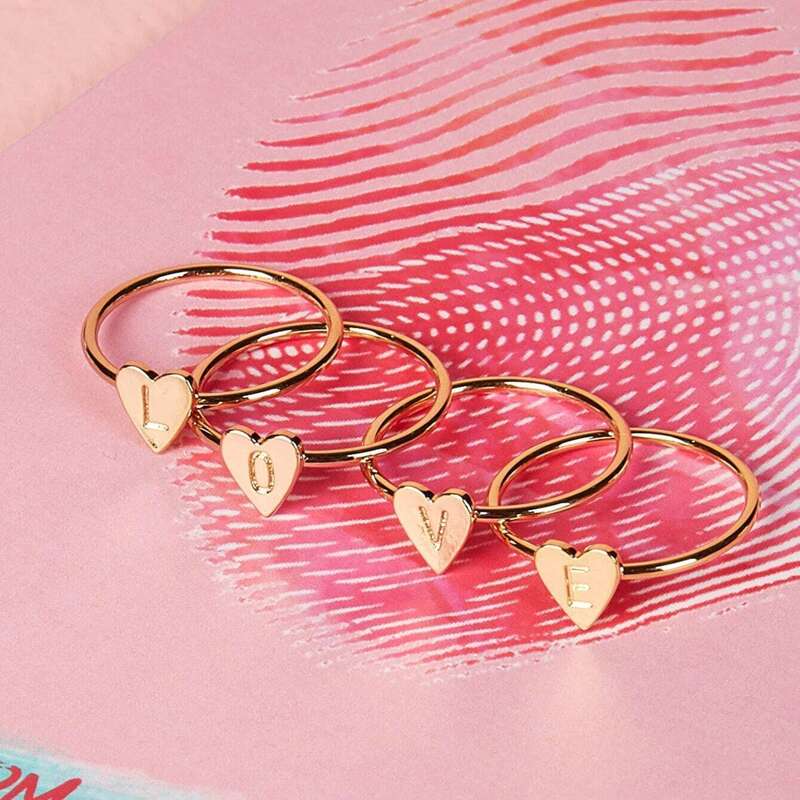 

Heart Design Letter Decor Ring Set 4pcs, Gold