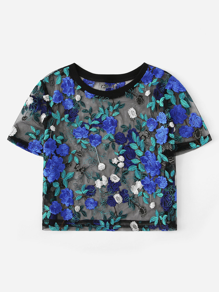SHEIN Clasi 花卉刺繡透明網紗女士襯衫 - 彩色 - 查看 2