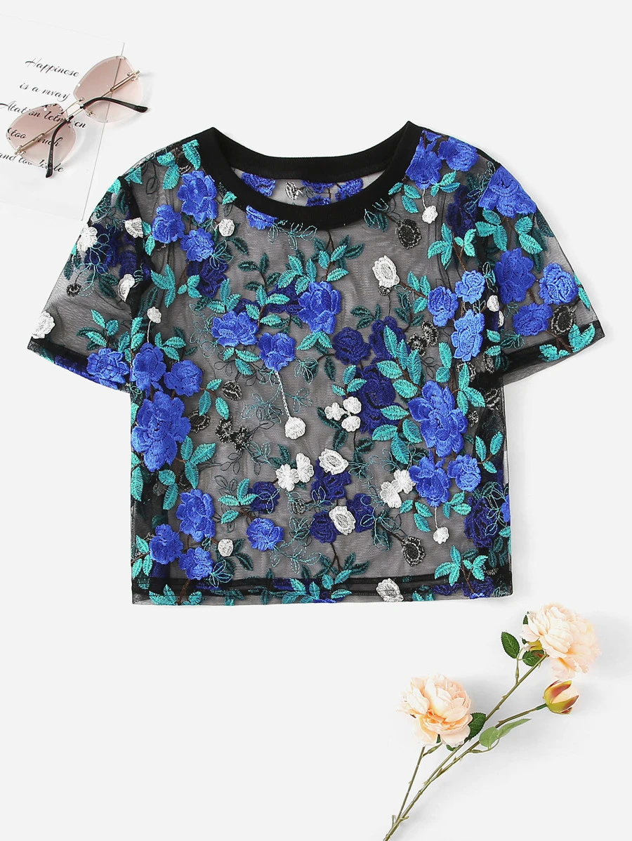 SHEIN Clasi 花卉刺繡透明網紗女士襯衫 - 彩色 - 查看 1