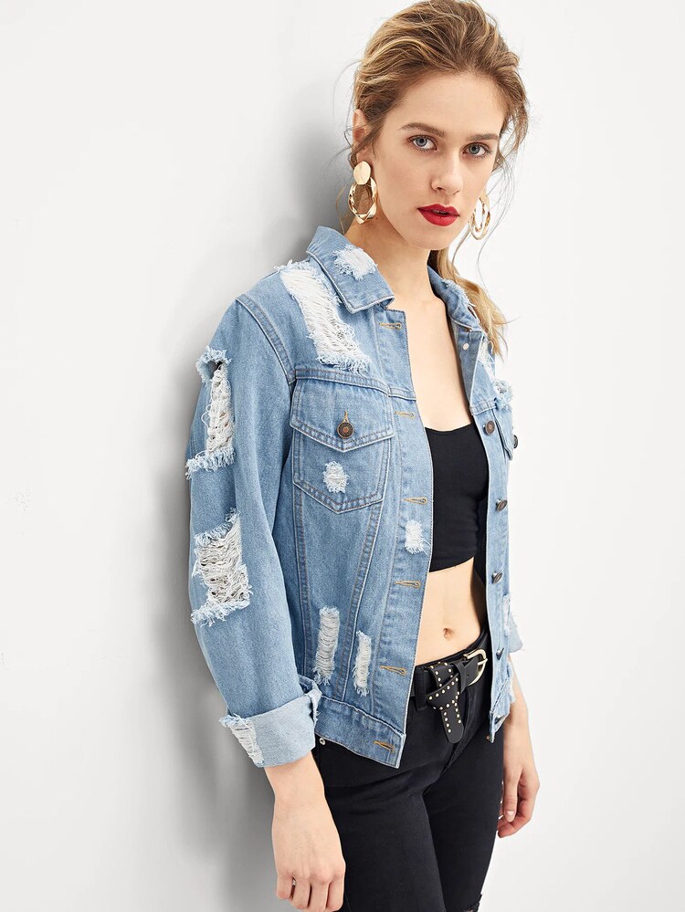 Flap Pocket Front Ripped Denim Jacket - Light Wash - View 4