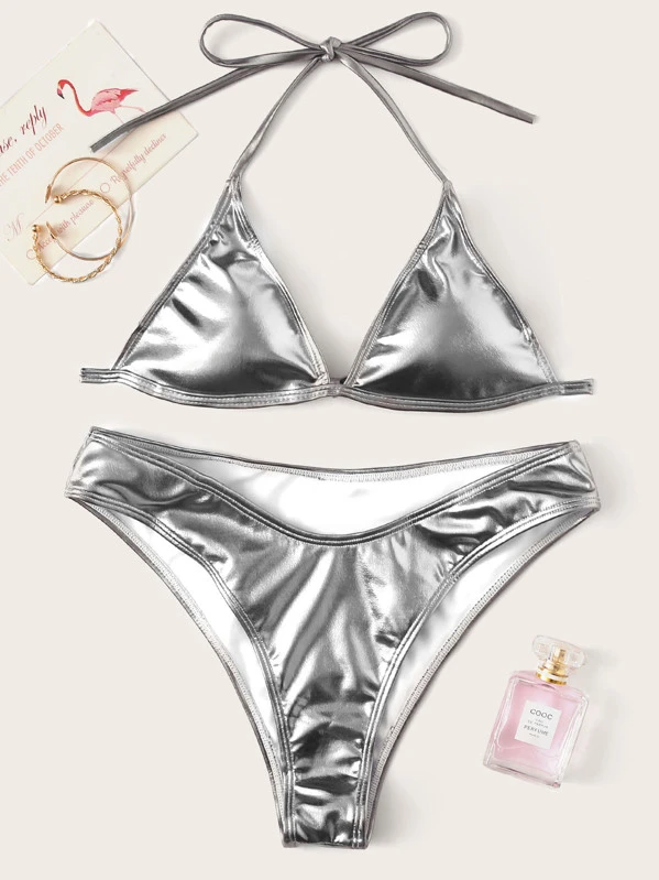 silver bikini set metallic
