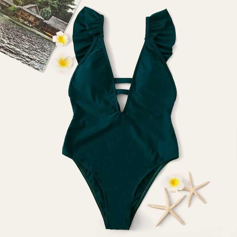 

Deep-V Ruffle Cut-out One Piece Swimwear, Green