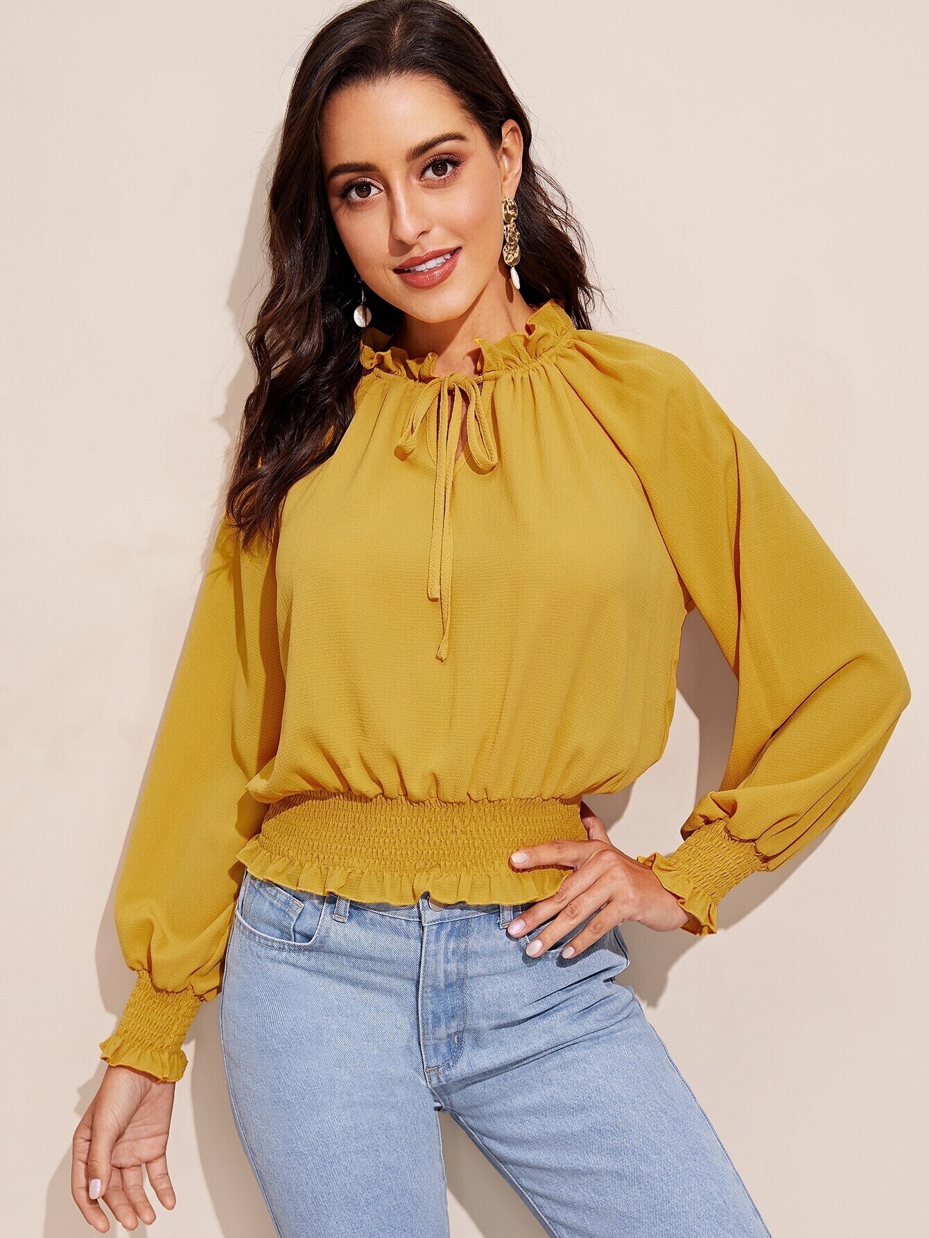 frilled tie neck smocked hem top | shein