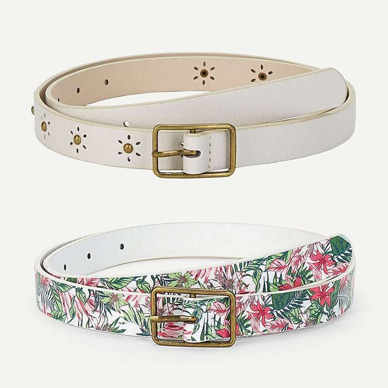 

Floral Pattern & Square Buckle Skinny Belt 2pack, Multicolor