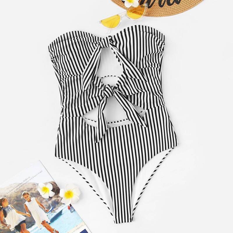 

Striped Cut-out Ruched Bandeau One Piece Swim, Black and white
