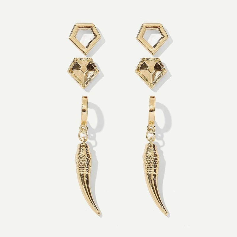 

Geometric & Spikes Shaped Drop Earrings 3pairs, Gold