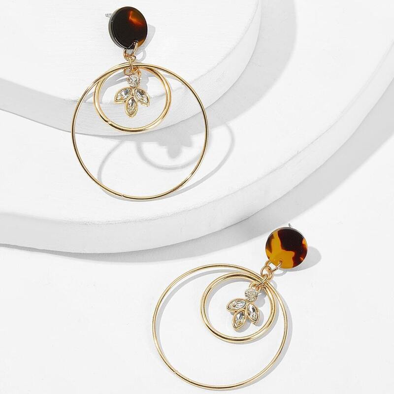 

Leaf Detail Double Hoop Drop Earrings 1pair, Gold