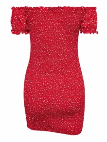 Ditsy Floral Off-the-Shoulder Smocked Mini Dress - Burgundy - View 2