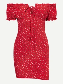 Ditsy Floral Off-the-Shoulder Smocked Mini Dress - Burgundy - View 1