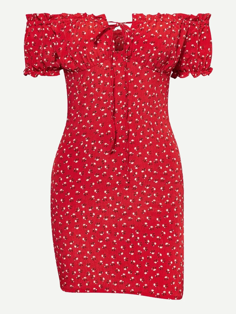 Ditsy Floral Off-the-Shoulder Smocked Mini Dress - Burgundy - View 1