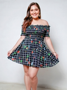 Plus Off Shoulder Frill Plaid Dress