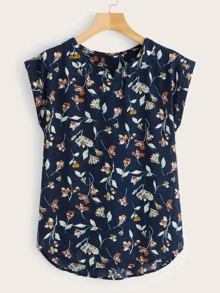Ditsy Floral Curved Hem Blouse - Navy Blue - View 1