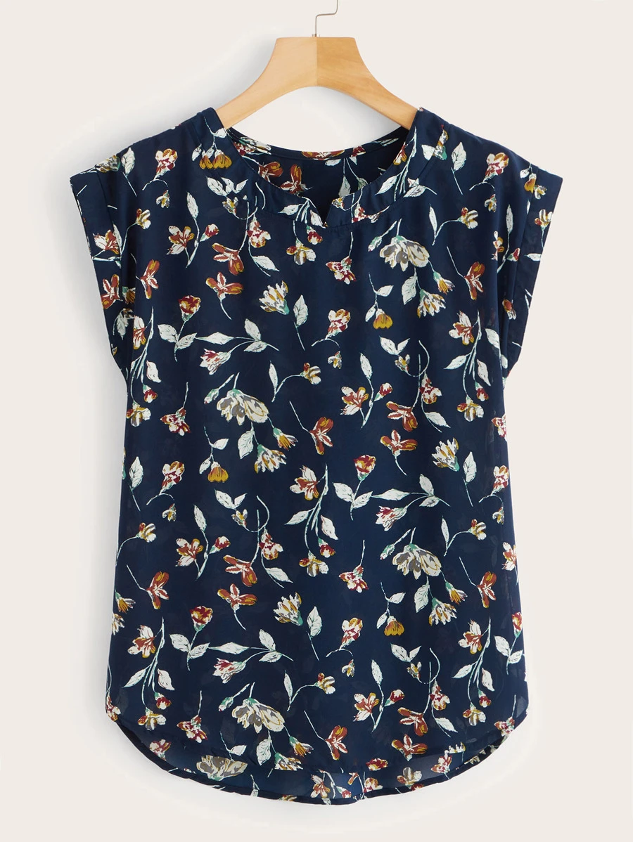 Ditsy Floral Curved Hem Blouse - Navy Blue - View 1