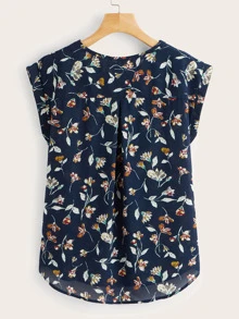 Ditsy Floral Curved Hem Blouse - Navy Blue - View 2