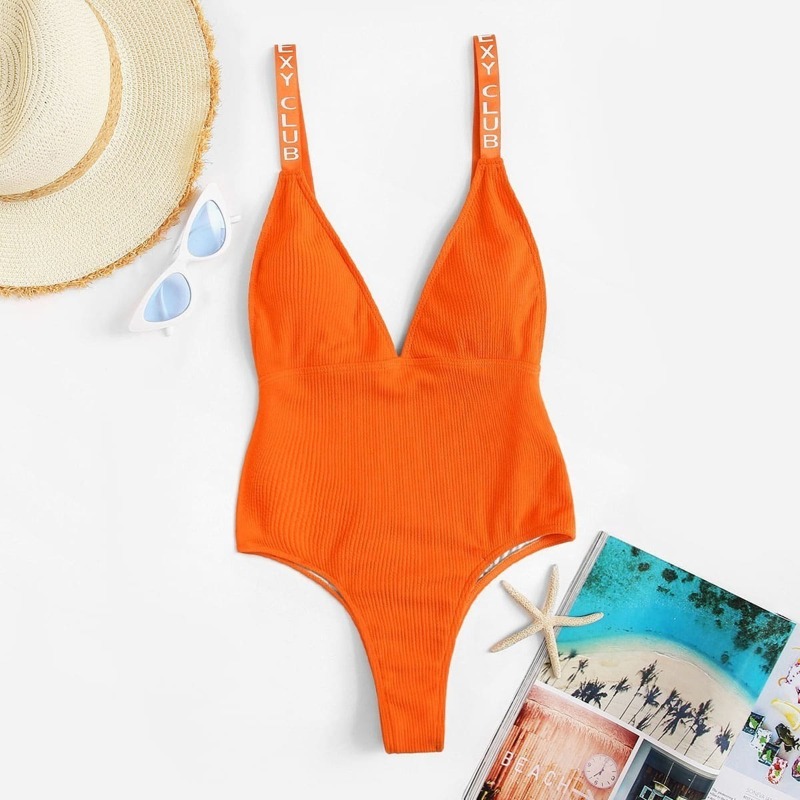 

Letter Tape Ribbed High Leg One Piece Swim, Orange bright