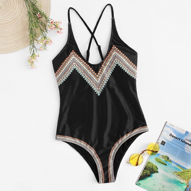 

Tribal Print Cross Back One Piece Swimwear, Black