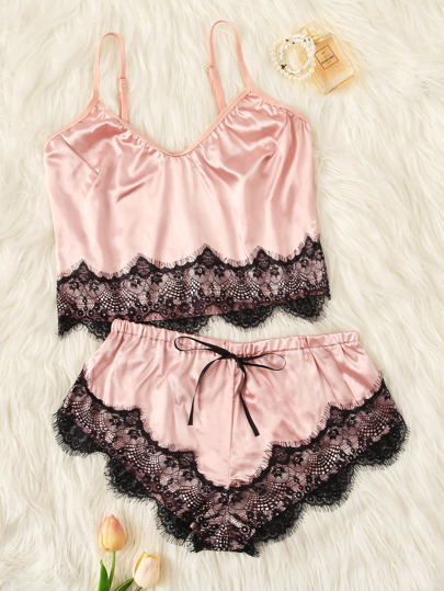 Scalloped Trim Contrast Lace Satin Cami PJ Set pictures