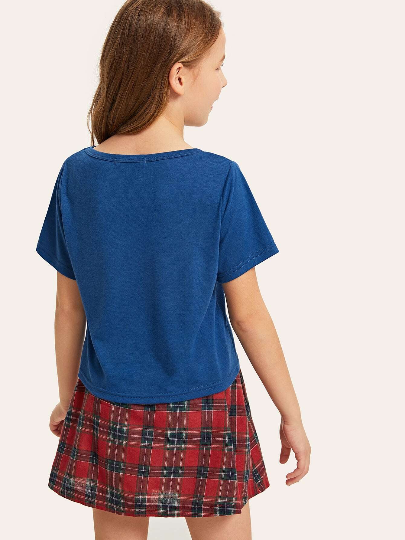 girls letter print top & tartan skirt set | shein uk