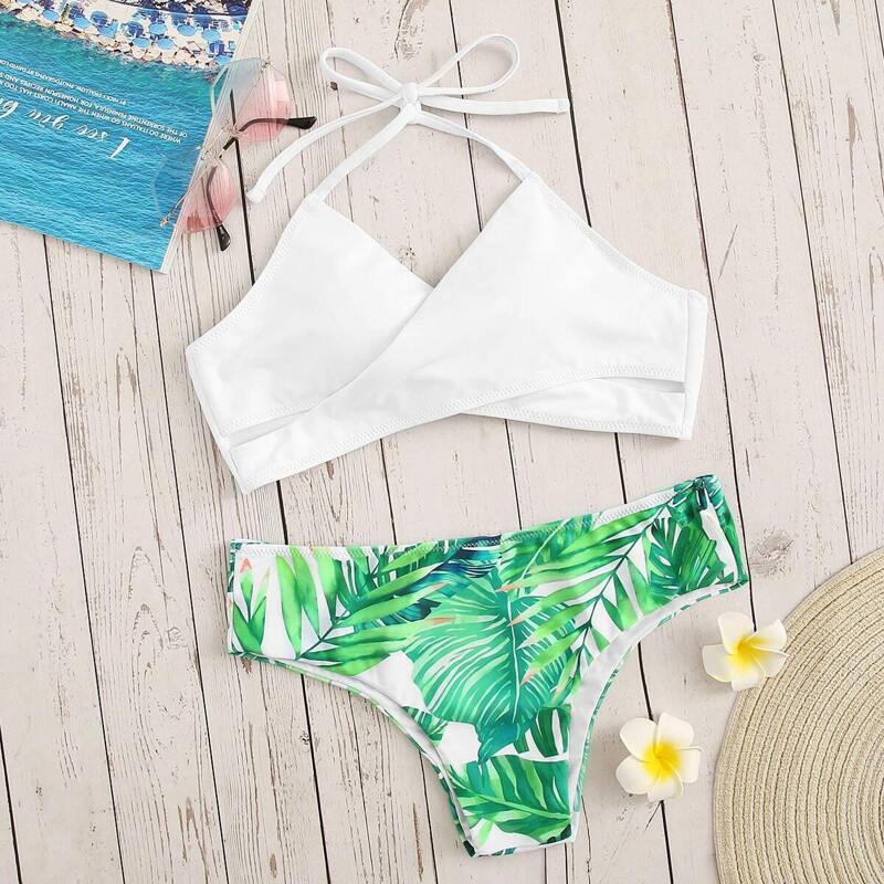 

Palm Print Wrap Self Tie Bikini Set, Multicolor