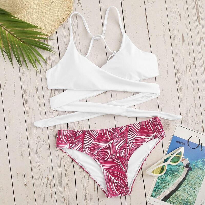 

Criss Cross Wrap Top With Leaf Print Bikini Set, Multicolor
