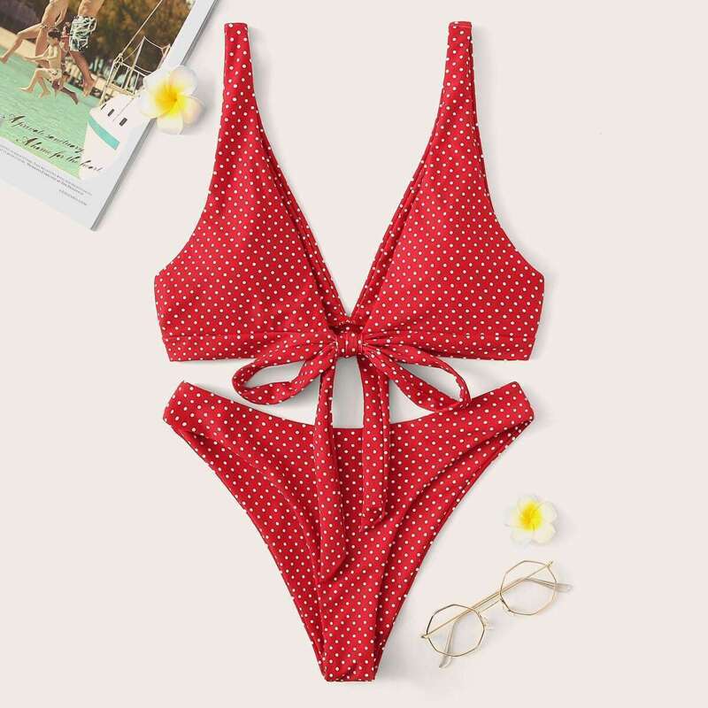

Dot Print Plunge Top With High Cut Bikini, Red bright