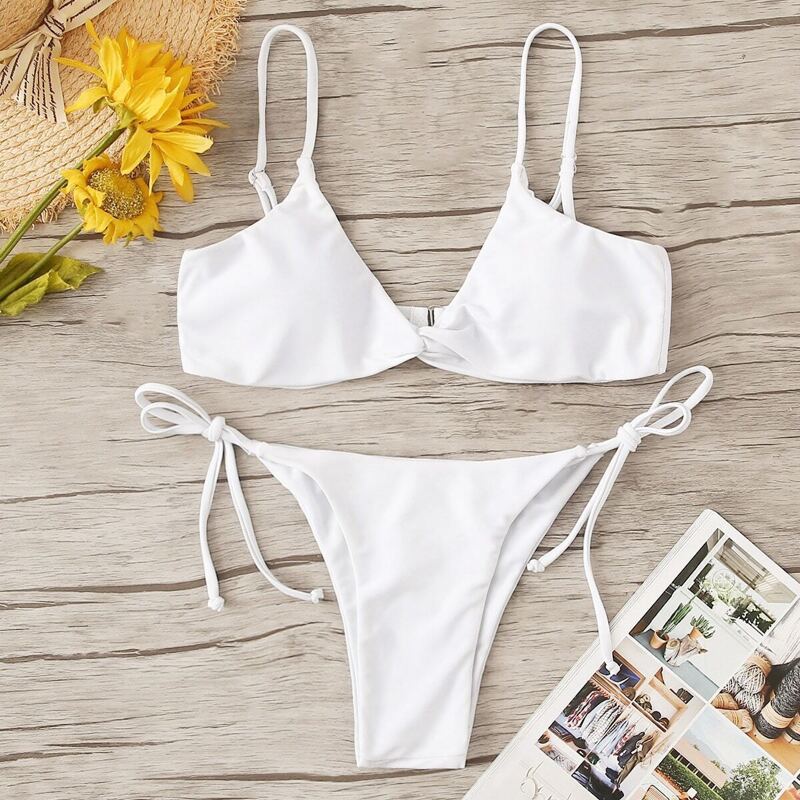 

Twist Top With Self Tie Side Bikini Set, White