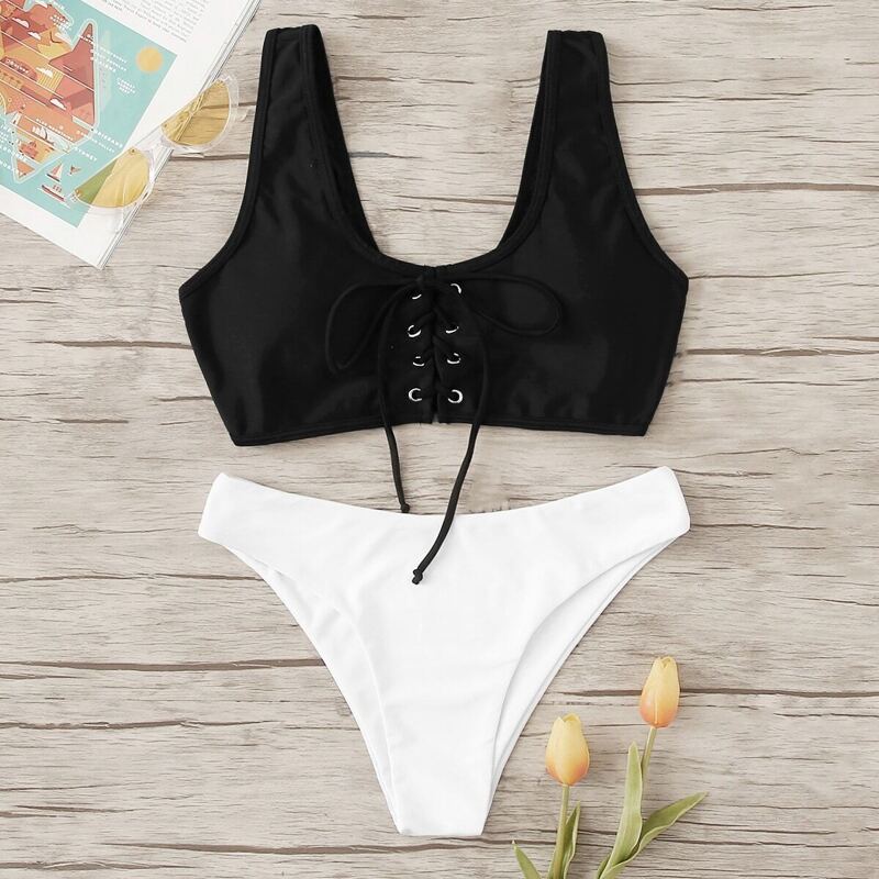 

Lace-up Scoop Neck Top With Panty Bikini, Black and white