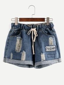 Cuffed Ripped Drawstring Denim Shorts