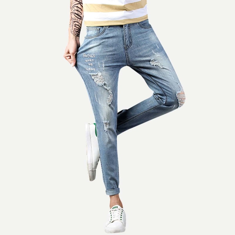 

Guys Rolled Hem Ripped Wash Jeans, Blue