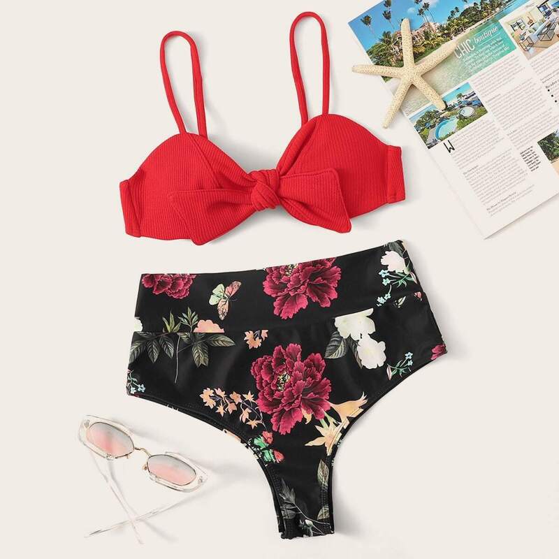 

Ribbed Top With Random Floral High Waist Bikini, Multicolor