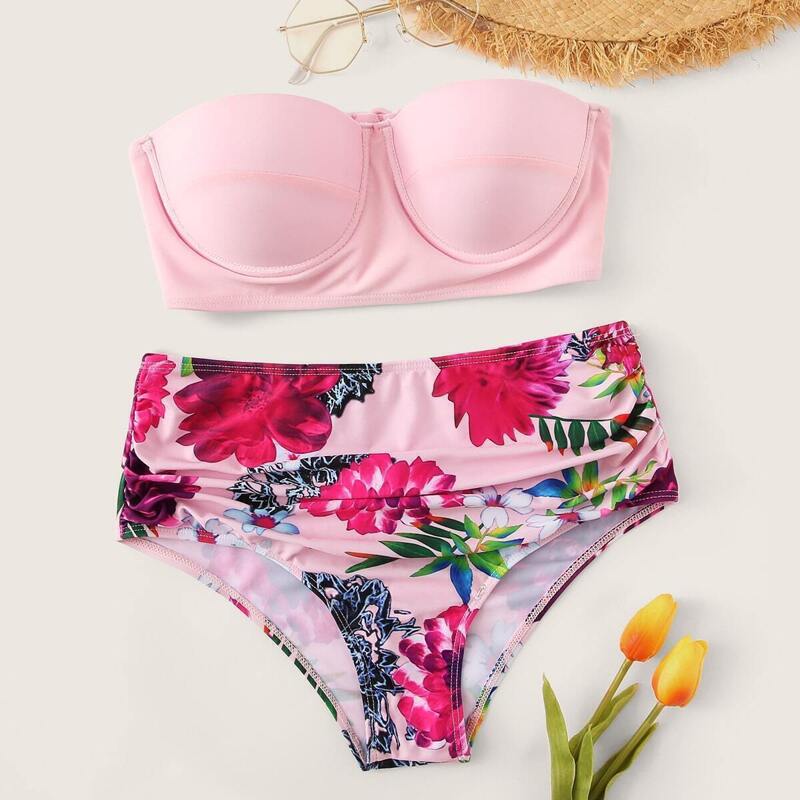 

Underwire Bandeau With Floral High Waist Bikini Set, Multicolor