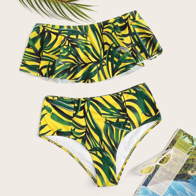 

Tropical Flounce Bardot Top With High Waist Bikini Set, Multicolor