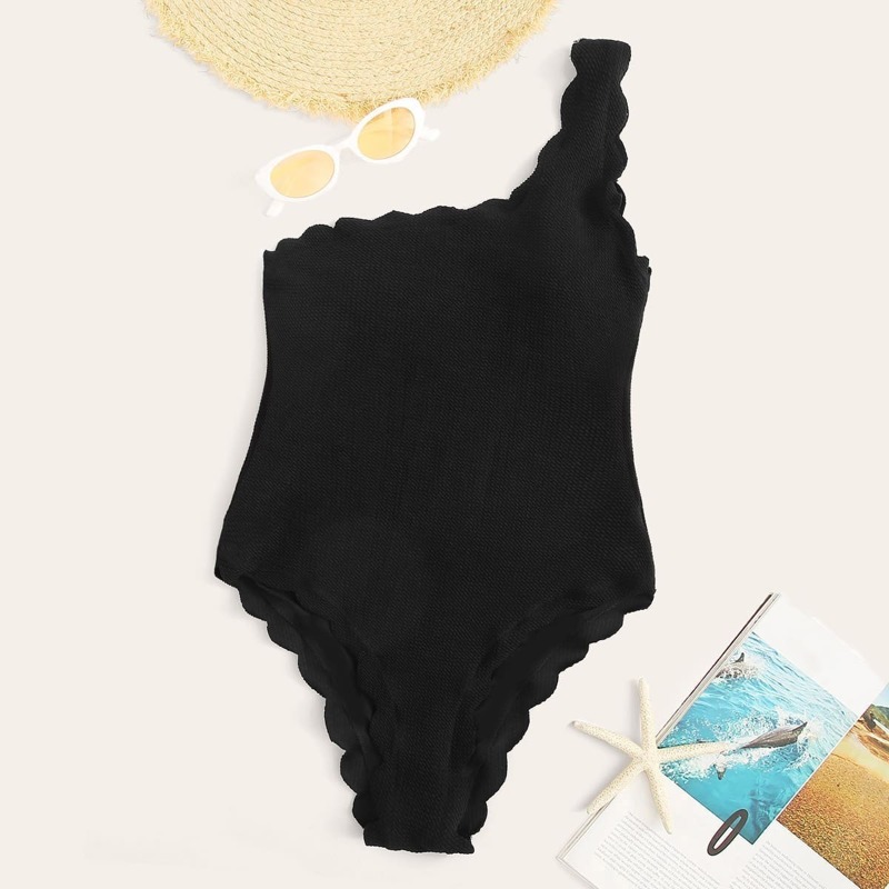 

Scalloped Trim One Shoulder One Piece Swimsuit, Black