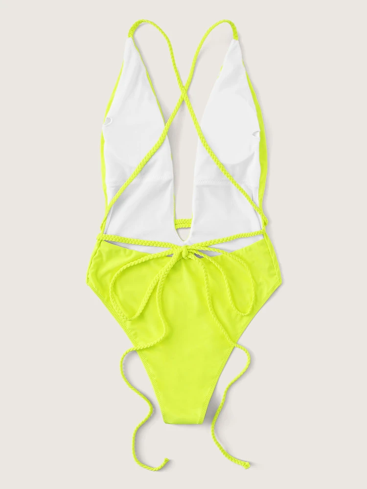 Neon Yellow U-Plunge Criss Cross One Piece Swimsuit Bathing Suit For Summer Beach