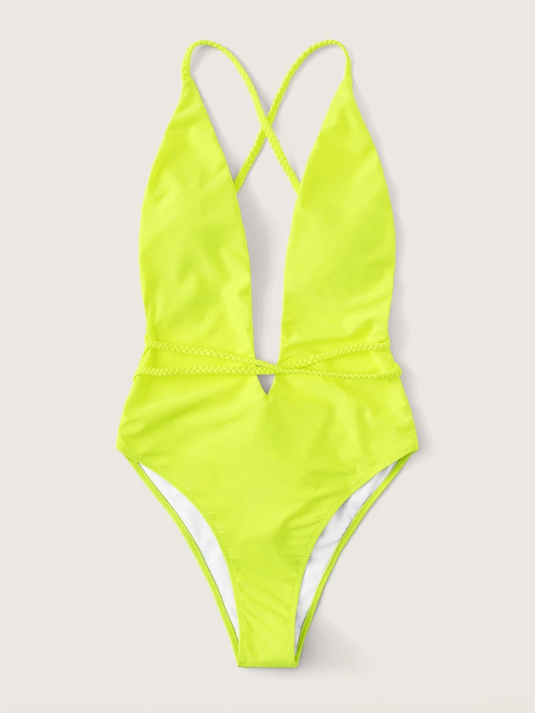 Neon Yellow U-Plunge Criss Cross One Piece Swimsuit Bathing Suit For Summer Beach