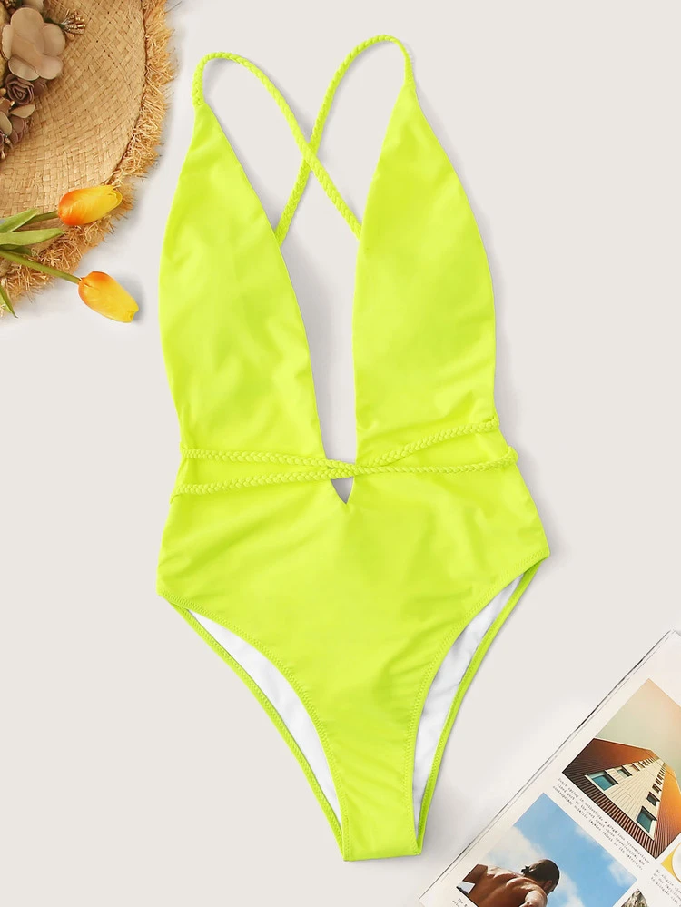 Neon Yellow U-Plunge Criss Cross One Piece Swimsuit Bathing Suit For Summer Beach