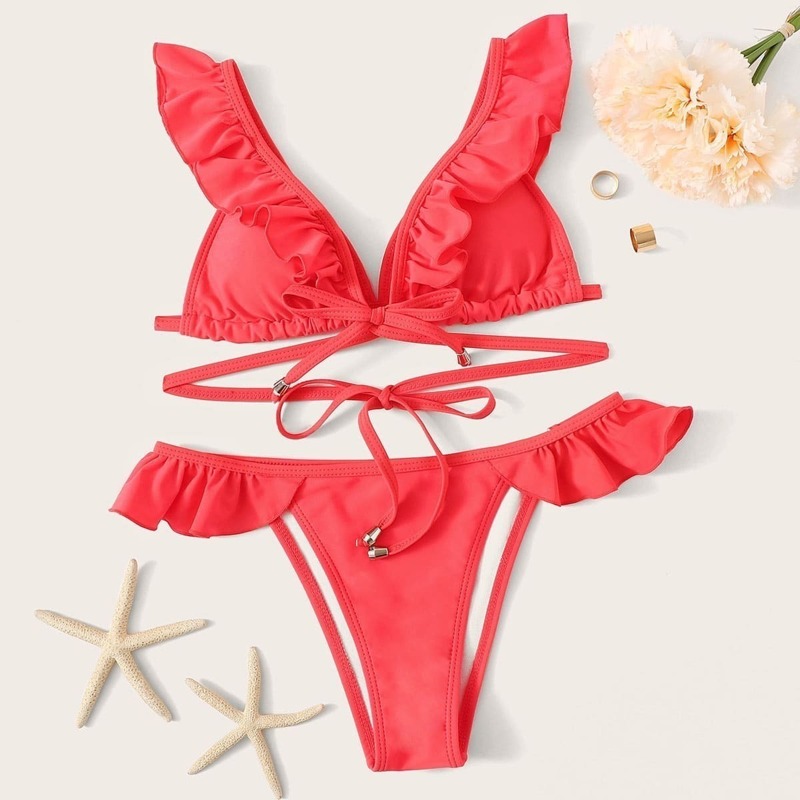 

Ruffle Strap Top With Tanga Panty Bikini Set, Red bright