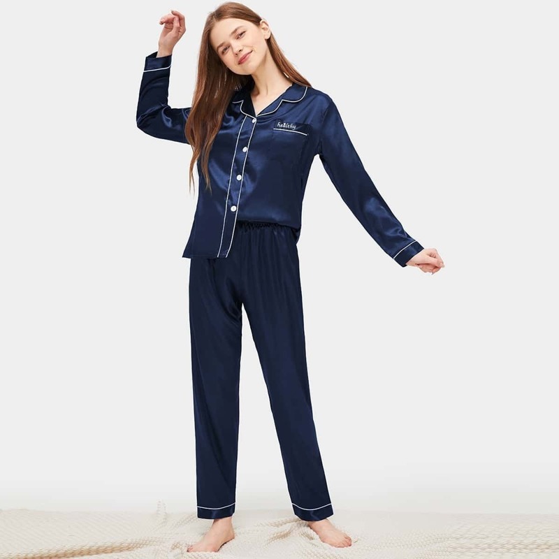 

Contrast Binding Button-up Satin Pajama Set, Navy