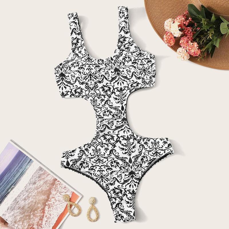 

Damask Print Cutout Monokini, Black and white