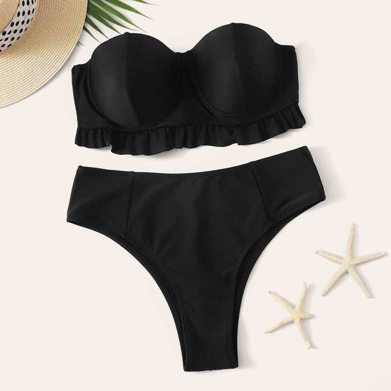 

Frill Trim Bandeau With High Cut Bikini, Black