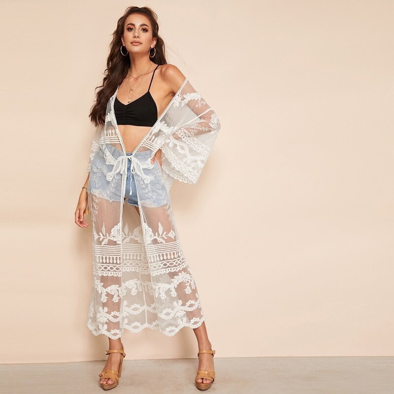 

Trumpet Sleeve Knot Embroidery Mesh Kimono, White