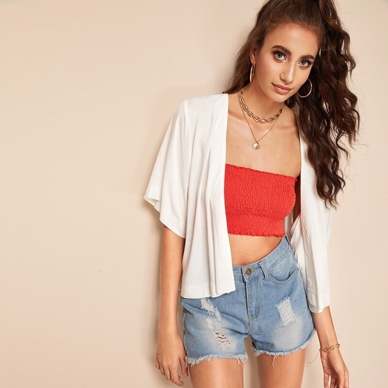 

Flutter Sleeve Solid Kimono, White