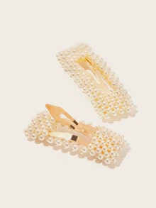 Faux Pearl Decor Square Hair Snap Clip 2packs - Gold - View 3