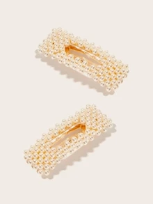 Faux Pearl Decor Square Hair Snap Clip 2packs - Gold - View 4