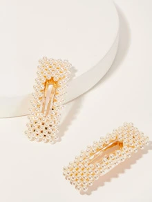 Faux Pearl Decor Square Hair Snap Clip 2packs - Gold - View 2