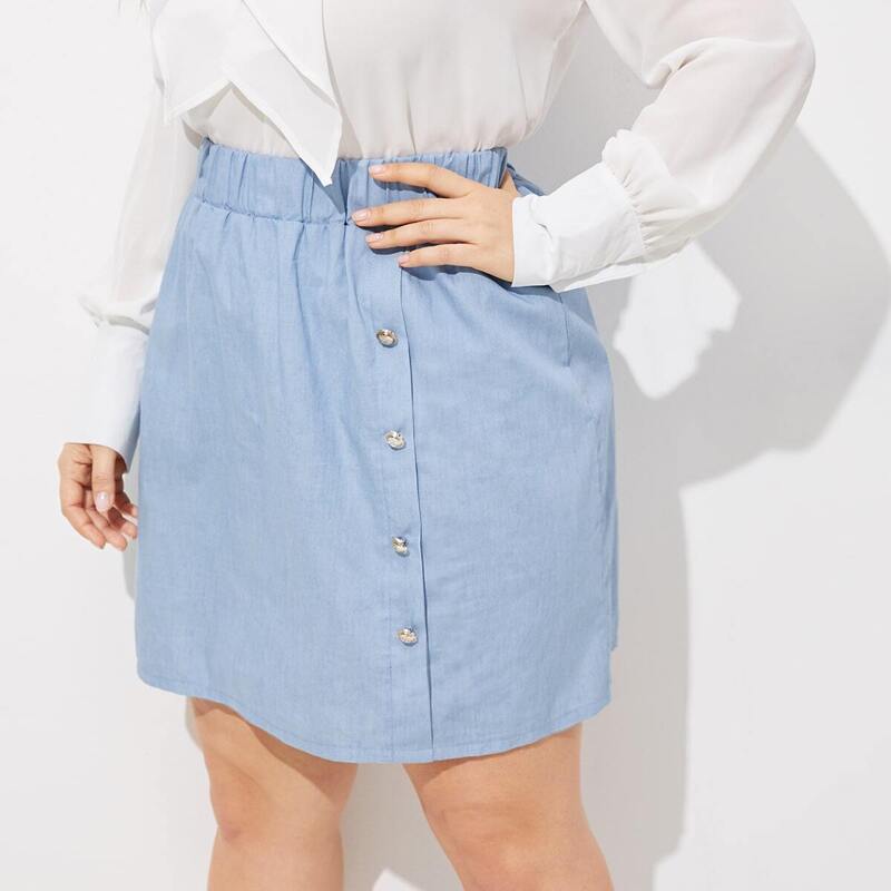 

Plus Button Front Denim Skirt, Blue