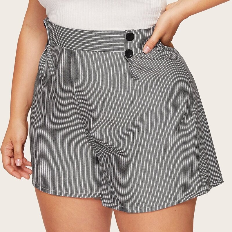 

Plus Striped Button Front Shorts, Grey