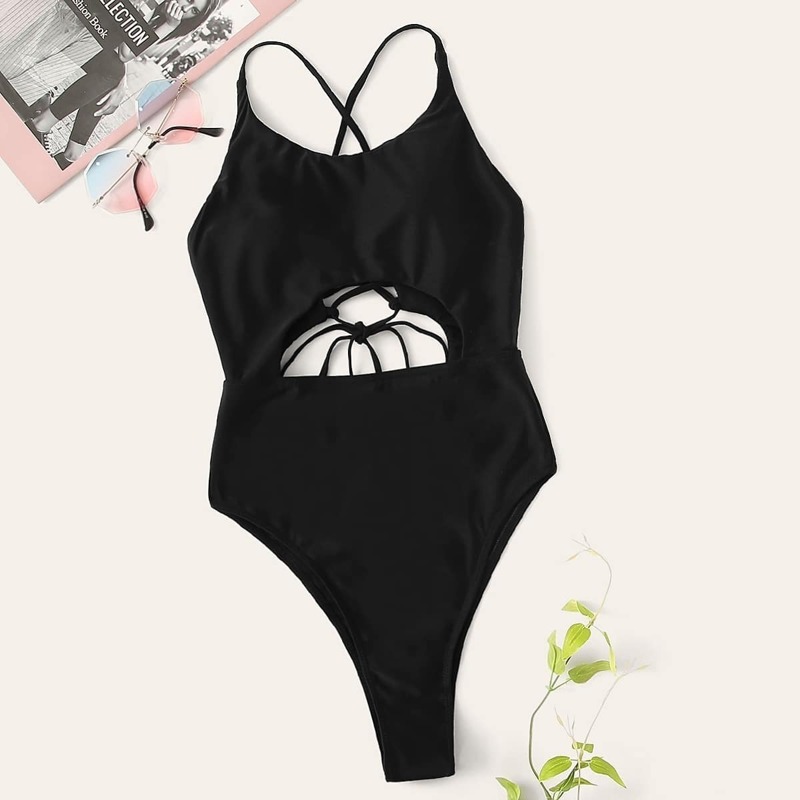 

Lace-up Back Cut Out One Piece Swimwear, Black