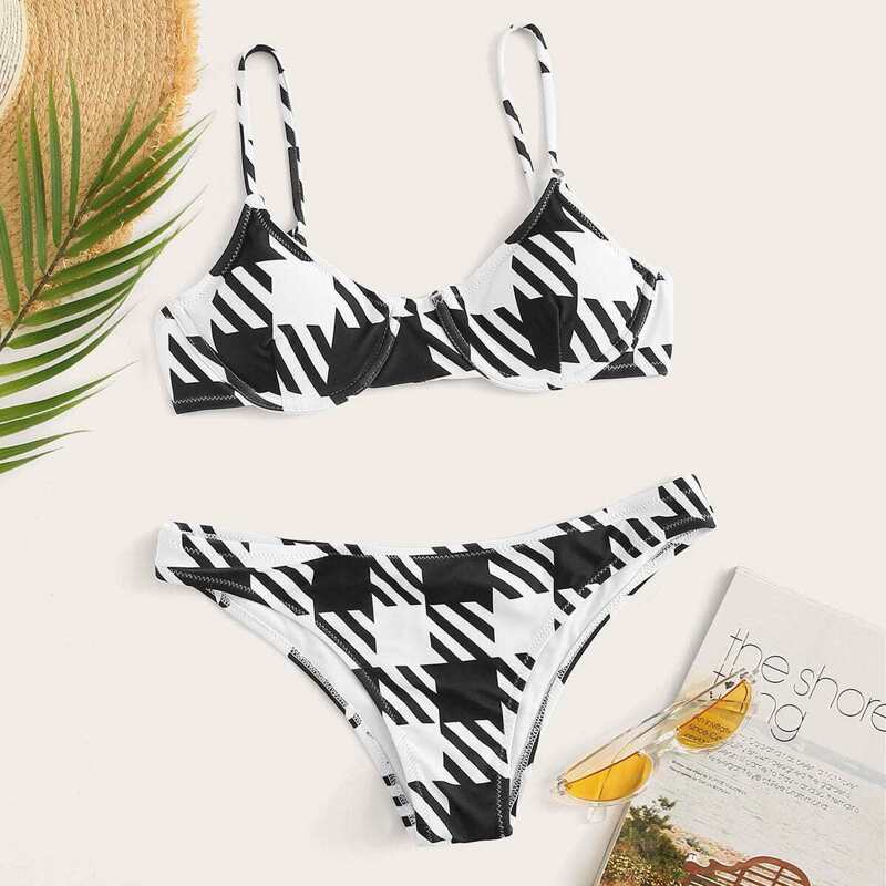 

Checker & Striped Underwire Top With Hipster Bikini, Black and white
