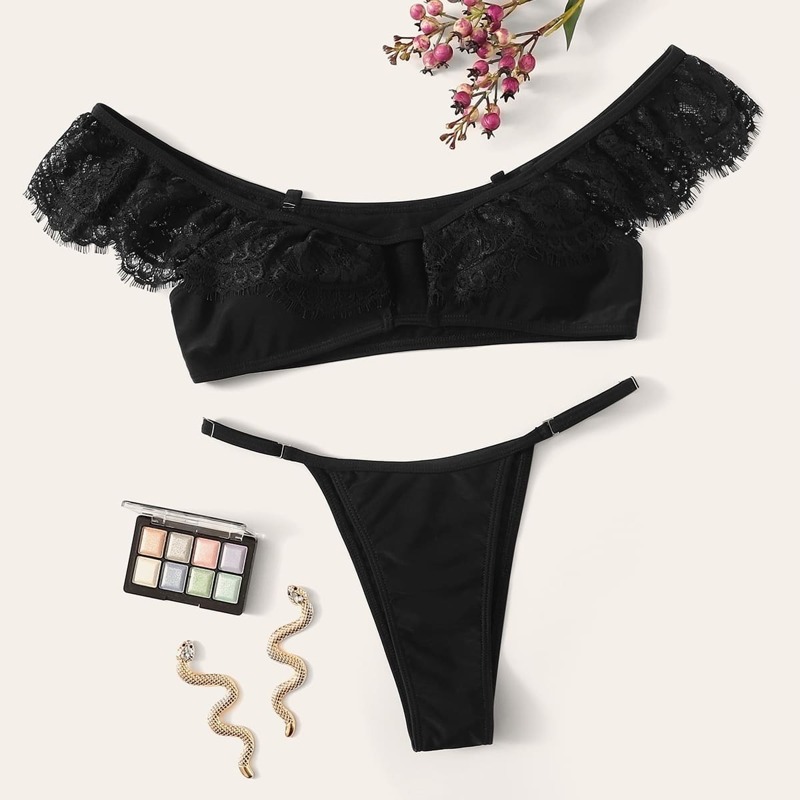 

Contrast Lace Bardot Top With Tanga Bikini Set, Black